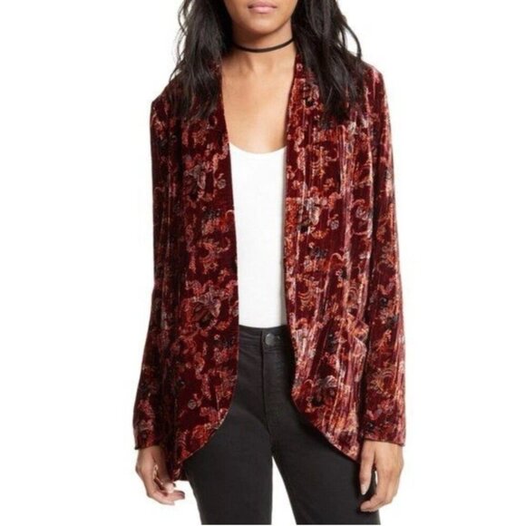 Free People Crinkle Velvet Jacket Burgundy Floral Open Front Boho Blazer Small S